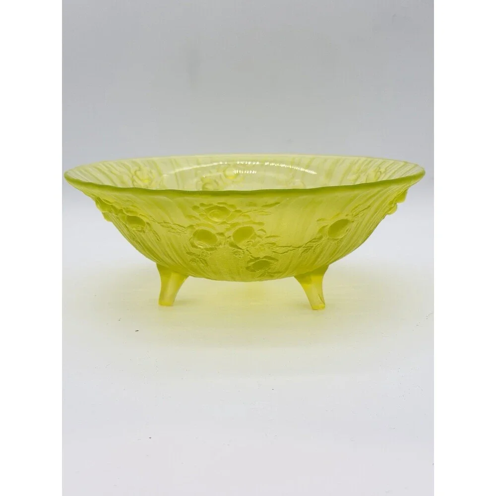 Tiffin Art Glass Vaseline Uranium Satin Roses Bowl 1920 MCM Round Green See Pics